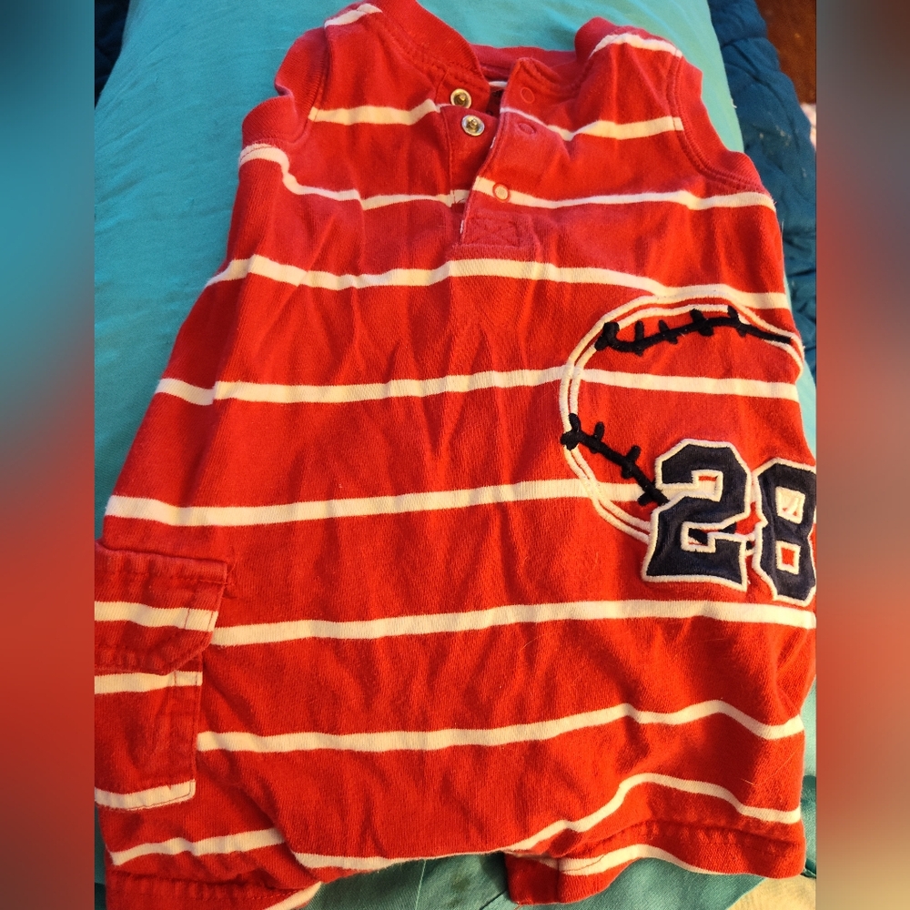 Carter's Red Striped Kids Romper with Sports Design